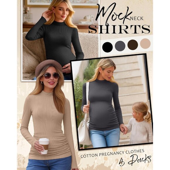 Maternity Shirts Long Sleeve Cotton Ribbed Pregnancy Mock Neck Pack of 4 - Picture 3 of 6